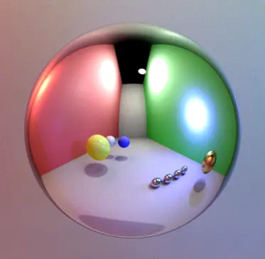 An image showing a sphere lit by three coloured lights. The colours blend across the surface of the sphere